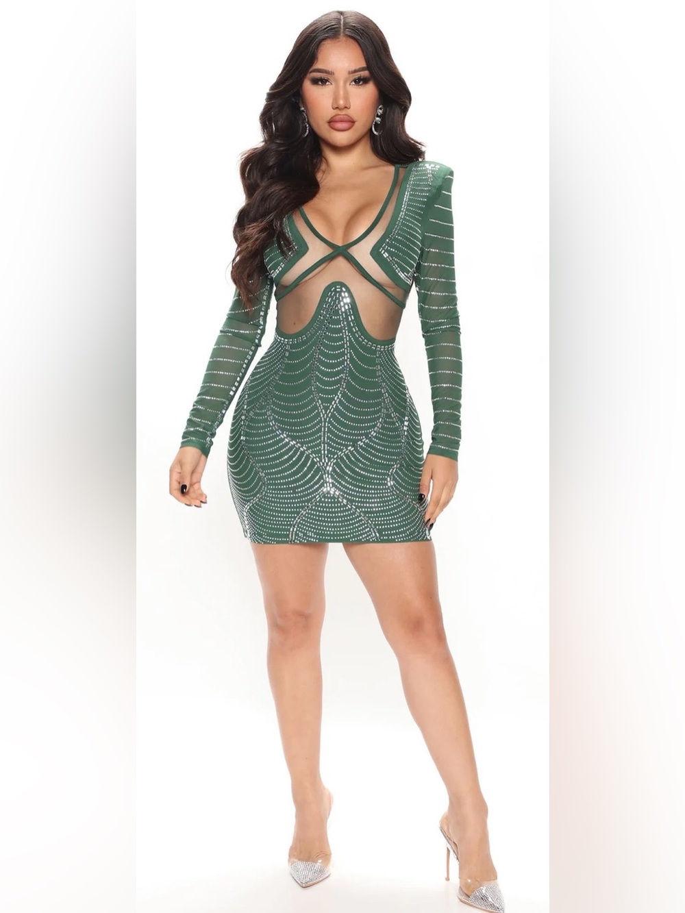 Fashion Nova Dark Green Studded Long Sleeve Bodycon Dress